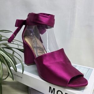Sam Edelman Magenta Satin Block Heel Sandal with Ankle Tie